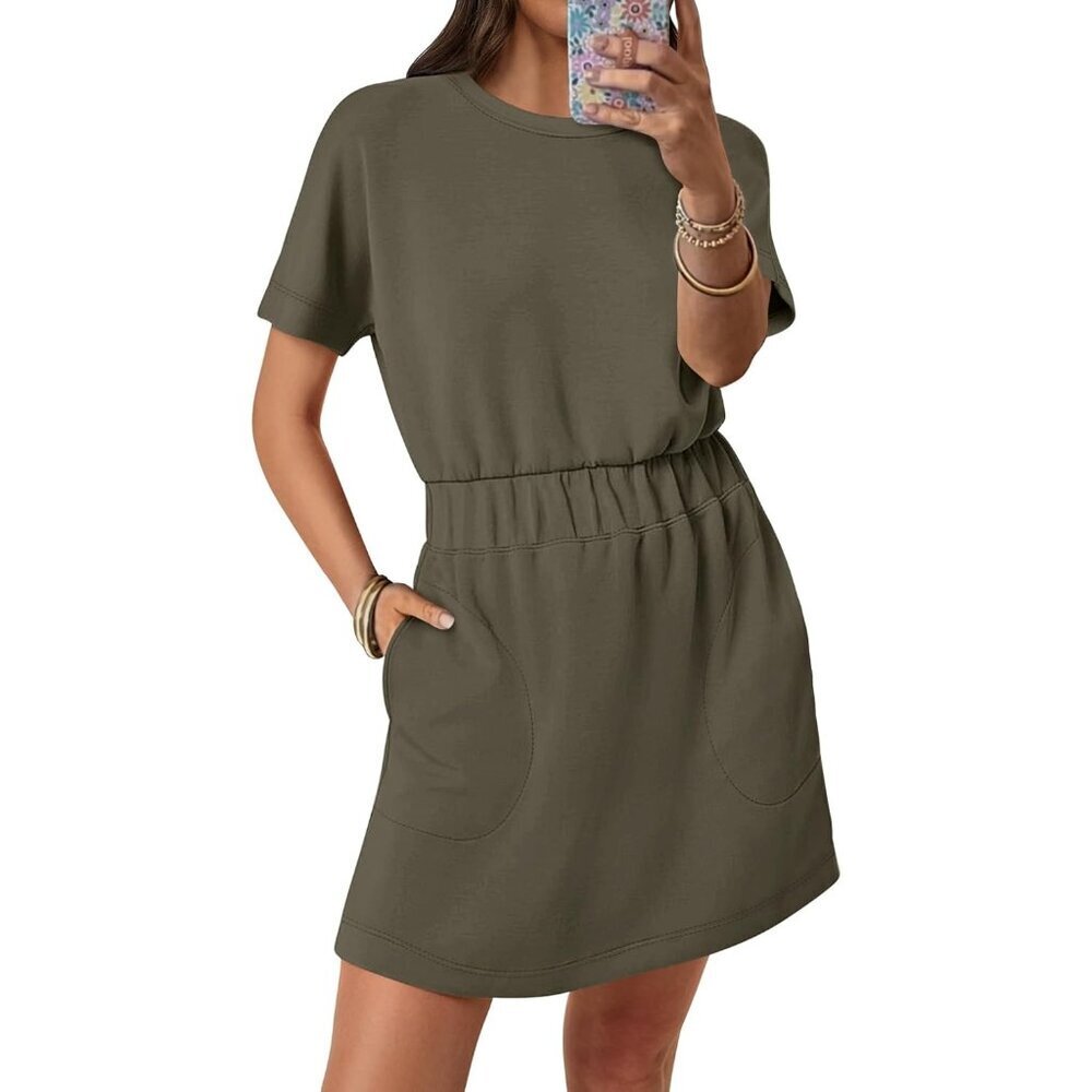Anrabess Women Army Green Crew Neck Elastic Waist Mini T Shirt Dress With Pocket